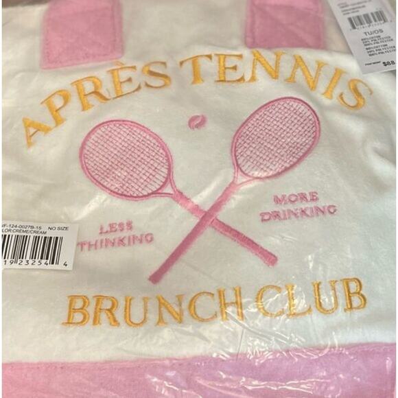 NWT Wildfox Pink Apres White Tennis Brunch Club Embroidered Terry Cloth Tote - Picture 3 of 7